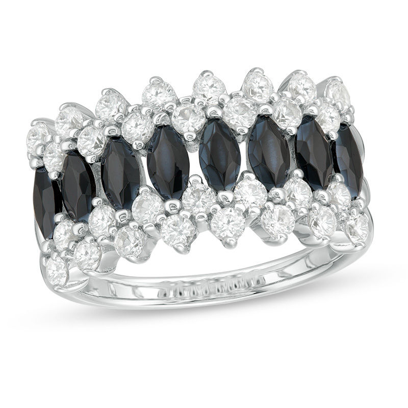 Main Image 1 of Marquise Black Spinel and Lab-Created White Sapphire Triple Row Crown Ring in Sterling Silver