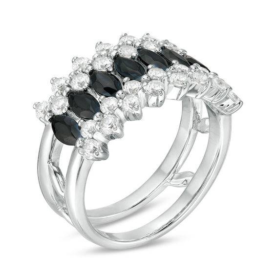 Marquise Black Spinel and Lab-Created White Sapphire Triple Row Crown Ring in Sterling Silver