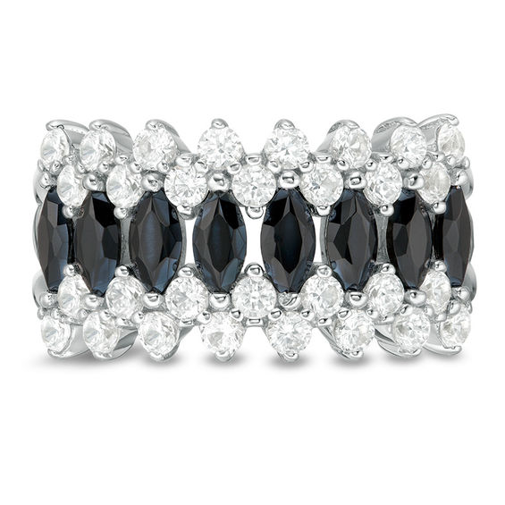 Marquise Black Spinel and Lab-Created White Sapphire Triple Row Crown Ring in Sterling Silver
