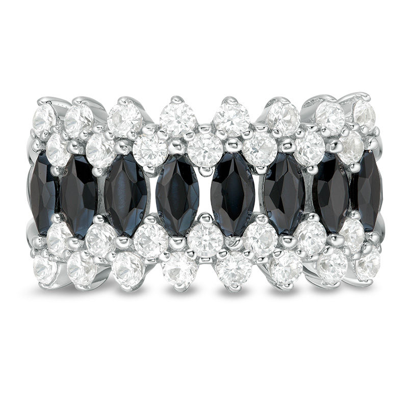 Main Image 4 of Marquise Black Spinel and Lab-Created White Sapphire Triple Row Crown Ring in Sterling Silver