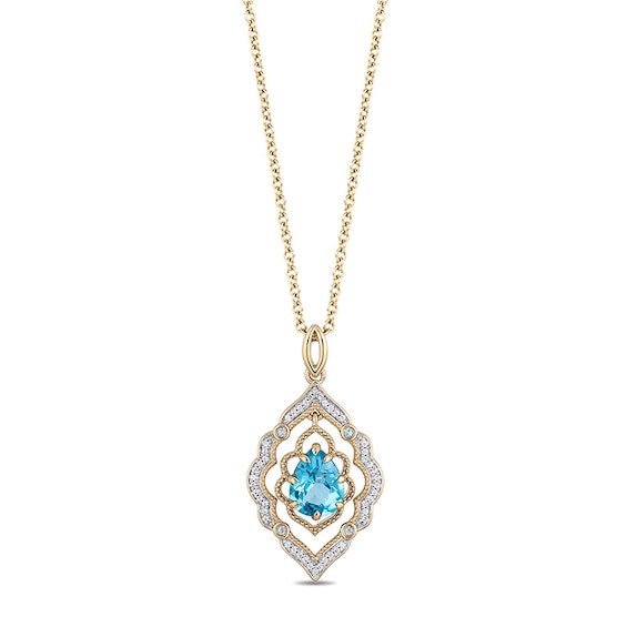 Enchanted Disney Aladdin Pear-Shaped Swiss Blue Topaz and 1/15 CT. T.w. Diamond Arabesque Frame Pendant in 10K Gold