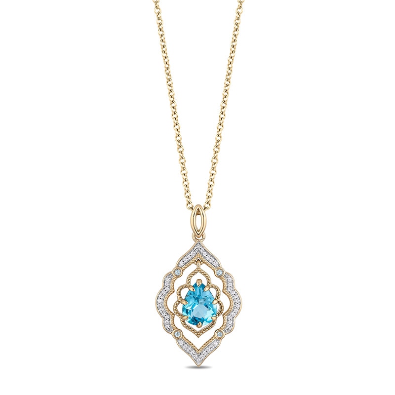 Main Image 1 of Enchanted Disney Aladdin Pear-Shaped Swiss Blue Topaz and 1/15 CT. T.W. Diamond Arabesque Frame Pendant in 10K Gold