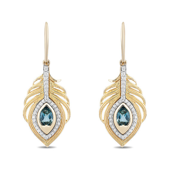 Enchanted Disney Jasmine Oval Swiss Blue Topaz and 1/5 CT. T.w. Diamond Palm Drop Earrings in 10K Gold