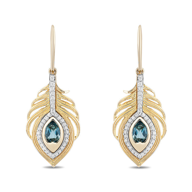 Main Image 1 of Enchanted Disney Jasmine Oval Swiss Blue Topaz and 1/5 CT. T.W. Diamond Palm Drop Earrings in 10K Gold