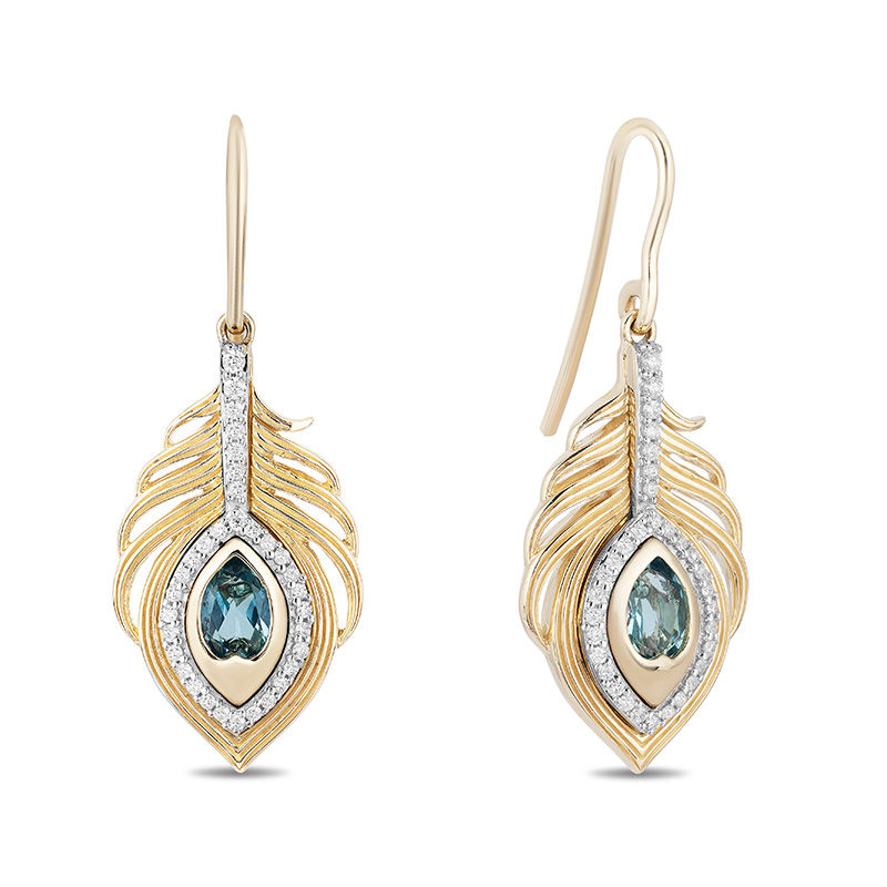 Main Image 2 of Enchanted Disney Jasmine Oval Swiss Blue Topaz and 1/5 CT. T.W. Diamond Palm Drop Earrings in 10K Gold