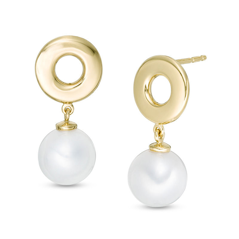 Main Image 1 of 8.0-9.0mm Freshwater Cultured Pearl Open Circle Drop Earrings in Sterling Silver with 14K Gold Plate