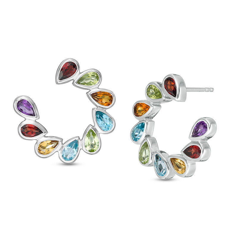 Main Image 1 of Pear-Shaped Multi-Gemstone Slant Open Circle Stud Earrings in Sterling Silver