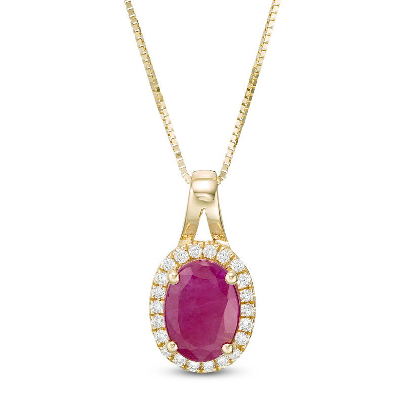 Main Image 1 of Oval Ruby and 1/10 CT. T.W. Diamond Frame Pendant in 10K Gold