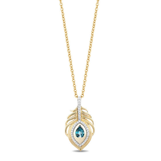 Enchanted Disney Jasmine Oval Swiss Blue Topaz and 1/6 CT. T.w. Diamond Palm Drop Pendant in 10K Gold - 19"