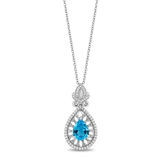 Enchanted Disney Aladdin Pear-Shaped Swiss Blue Topaz and 1/5 CT. T.w. Diamond Frame Drop Pendant in Sterling Silver