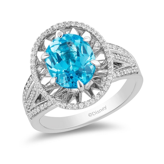 Enchanted Disney Aladdin Oval Swiss Blue Topaz and 1/4 CT. T.w. Diamond Frame Split Shank Ring in Sterling Silver