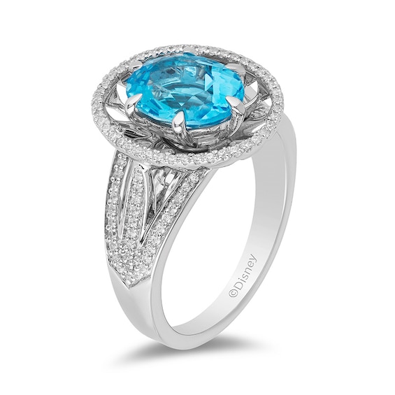 Enchanted Disney Aladdin Oval Swiss Blue Topaz and 1/4 CT. T.w. Diamond Frame Split Shank Ring in Sterling Silver