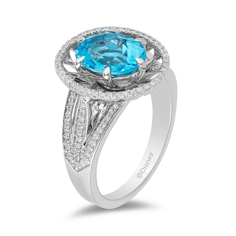 Enchanted Disney Aladdin Oval Swiss Blue Topaz and 1/4 CT. T.W. Diamond Frame Split Shank Ring in Sterling Silver