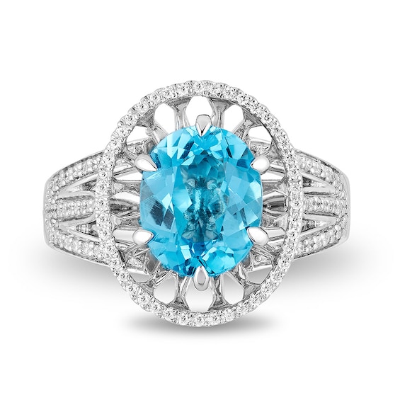 Enchanted Disney Aladdin Oval Swiss Blue Topaz and 1/4 CT. T.w. Diamond Frame Split Shank Ring in Sterling Silver