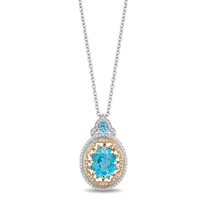 Enchanted Disney Aladdin Oval Swiss Blue Topaz and 1/5 CT. T.W. Diamond Frame Pendant in 10K Two-Tone Gold - 19"