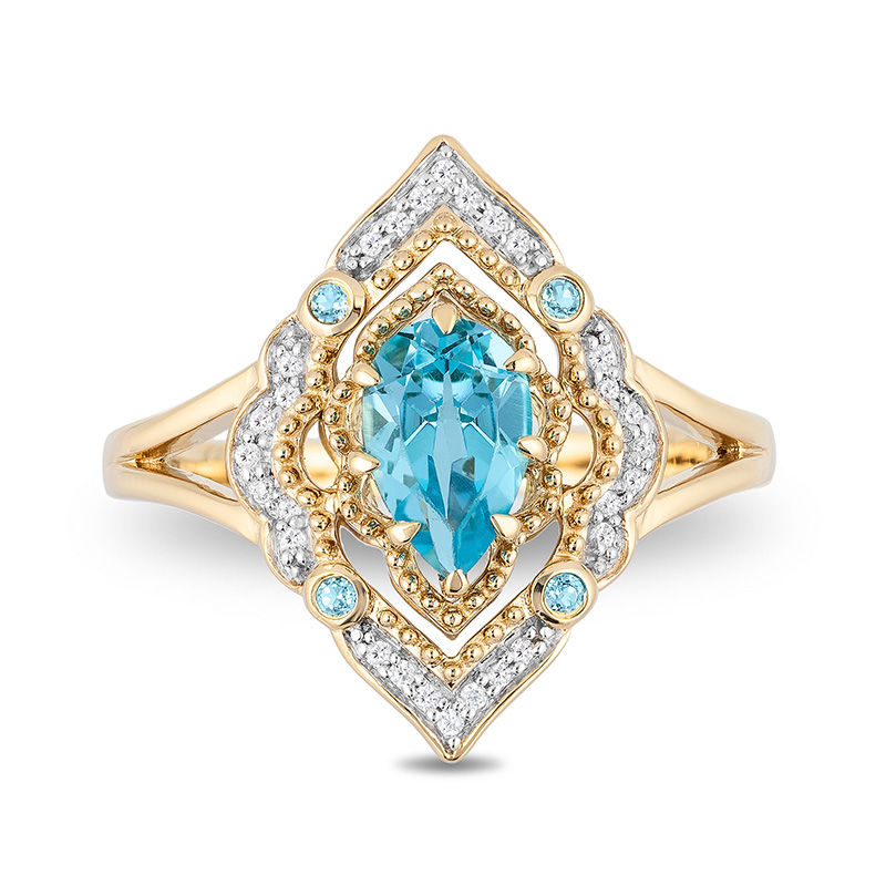 Enchanted Disney Aladdin Pear-Shaped Swiss Blue Topaz and 1/10 CT. T.W. Diamond Arabesque Frame Ring in 10K Gold