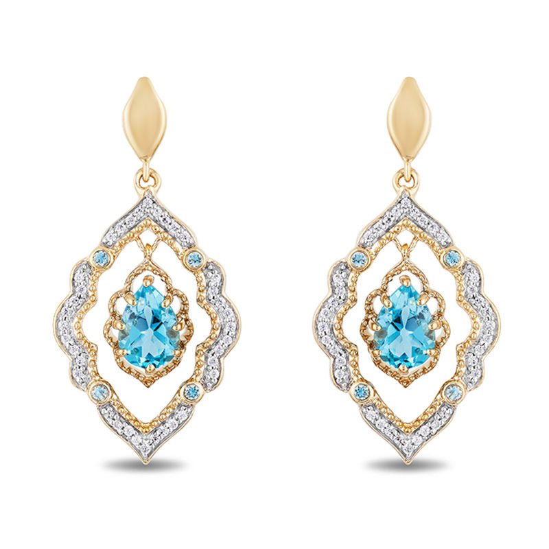 Enchanted Disney Aladdin Pear-Shaped Swiss Blue Topaz and 1/6 CT. T.W. Diamond Arabesque Frame Earrings in 10K Gold