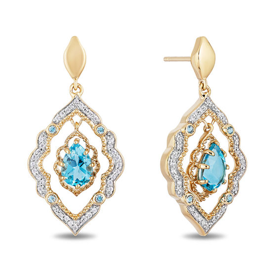 Enchanted Disney Aladdin Pear-Shaped Swiss Blue Topaz and 1/6 CT. T.w. Diamond Arabesque Frame Earrings in 10K Gold