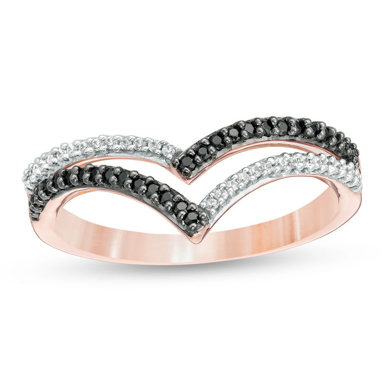 Main Image 1 of 1/5 CT. T.W. Enhanced Black and White Diamond Double Chevron Ring in 10K Rose Gold