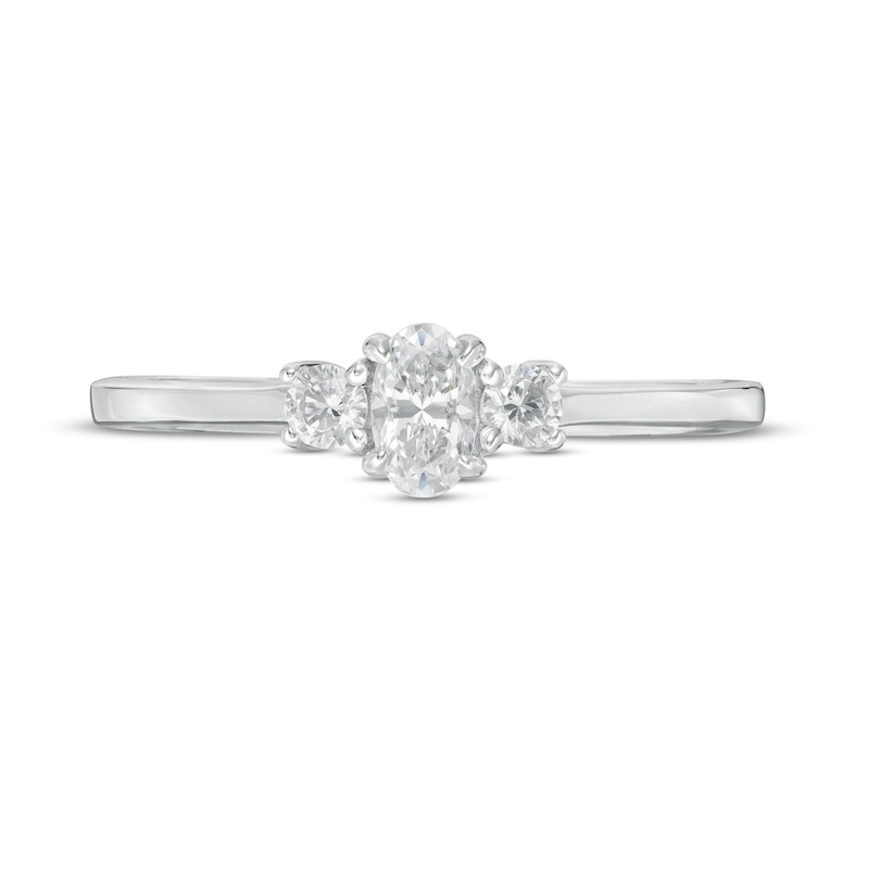 Main Image 4 of 1/2 CT. T.W. Oval and Round Diamond Three Stone Engagement Ring in 14K White Gold