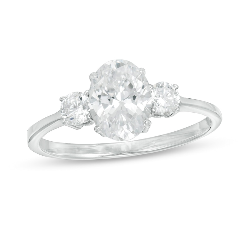 Main Image 1 of 1-1/4 CT. T.W. Oval and Round Diamond Three Stone Engagement Ring in 14K White Gold