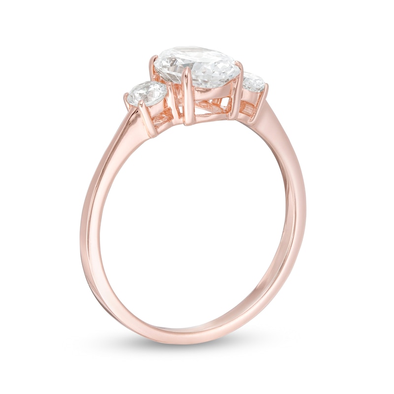 Main Image 3 of 1-1/4 CT. T.W. Oval and Round Diamond Three Stone Engagement Ring in 14K Rose Gold