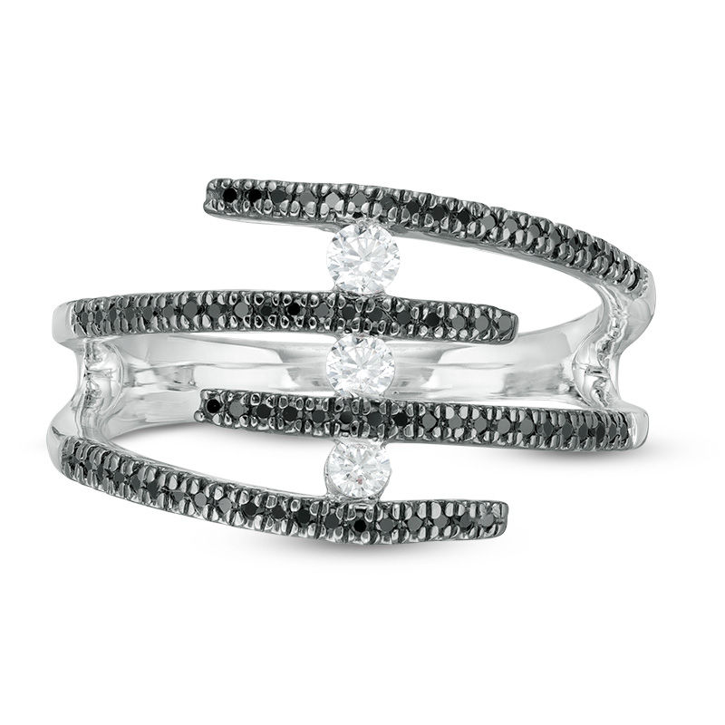 Main Image 4 of 3/8 CT. T.W. Enhanced Black and White Diamond Multi-Row Open Shank Wrap Ring in Sterling Silver