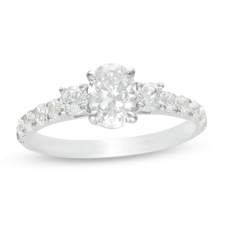 Main Image 1 of 1-1/3 CT. T.W. Oval Diamond Three Stone Engagement Ring in 14K White Gold