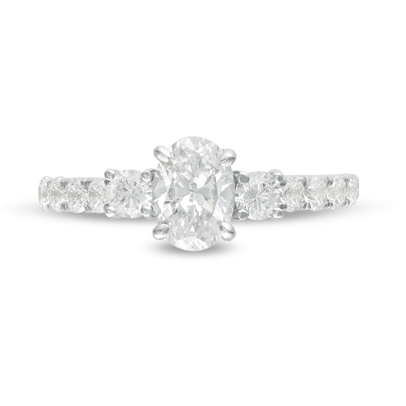 Main Image 4 of 1-1/3 CT. T.W. Oval Diamond Three Stone Engagement Ring in 14K White Gold