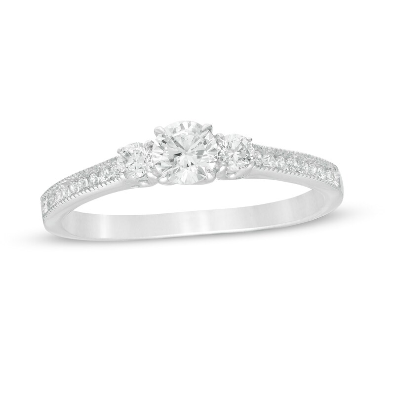 1/2 CT. T.W. Diamond Three Stone Engagement Ring in 14K White Gold
