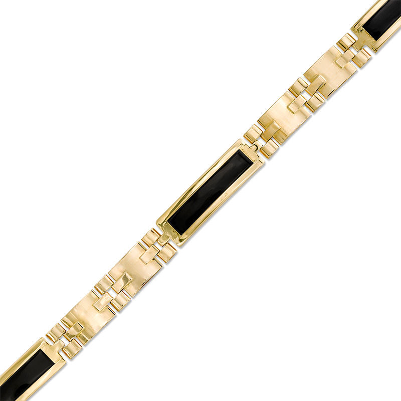 Main Image 1 of Made in Italy Men's Rectangle Lab-Created Onyx Bar and Link Chain Bracelet in 10K Gold - 8.5"