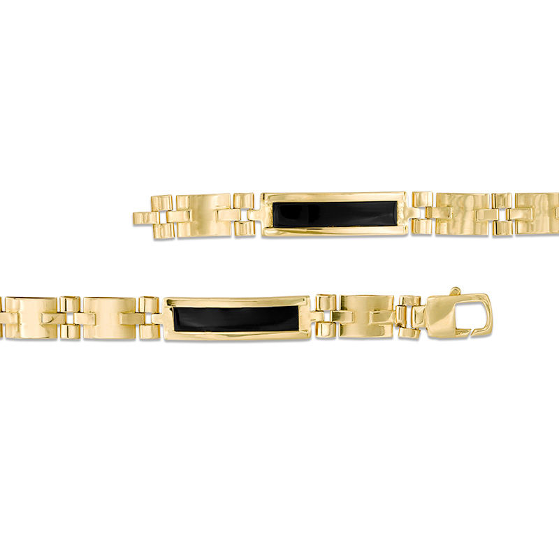 Main Image 3 of Made in Italy Men's Rectangle Lab-Created Onyx Bar and Link Chain Bracelet in 10K Gold - 8.5"