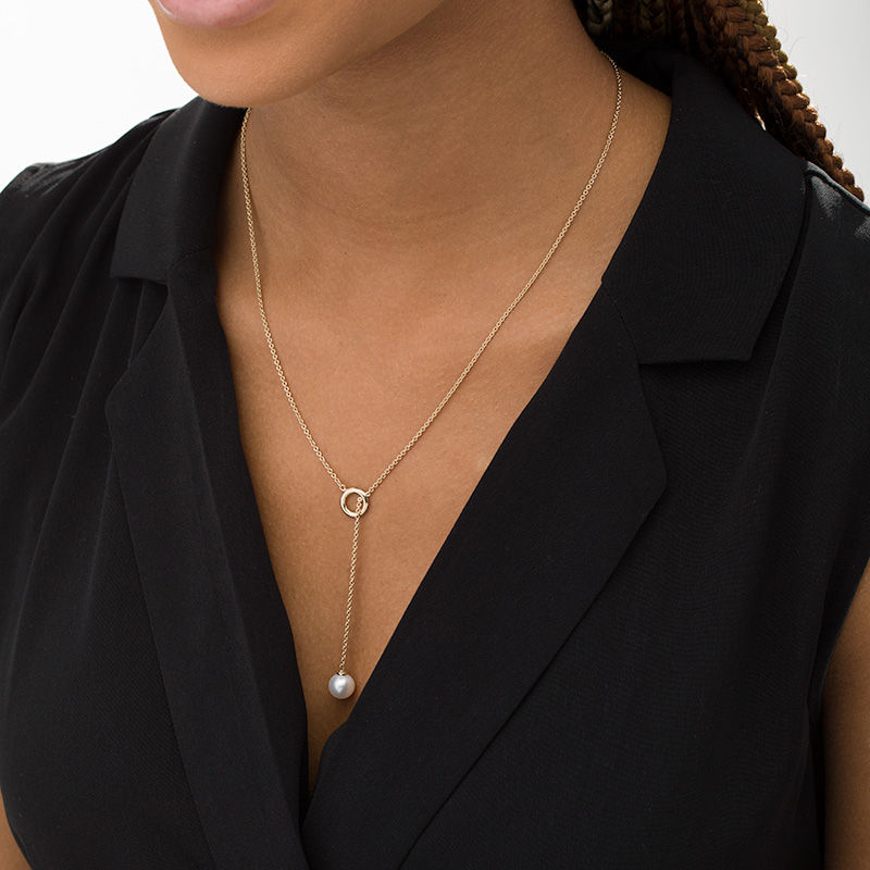 Main Image 2 of 8.0-9.0mm Freshwater Cultured Pearl and Open Circle Lariat-Style Necklace in Sterling Silver with 14K Gold Plate