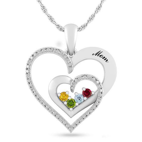 Birthstone and Diamond Accent Double Heart Pendant (1-4 Stones and 1 Line)