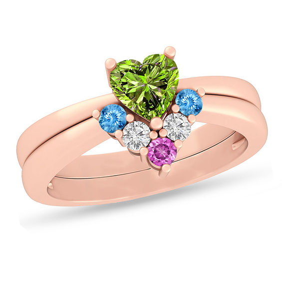 Mother's Heart and Round Birthstone Two Piece Stackable Ring Set (2-6 Stones)