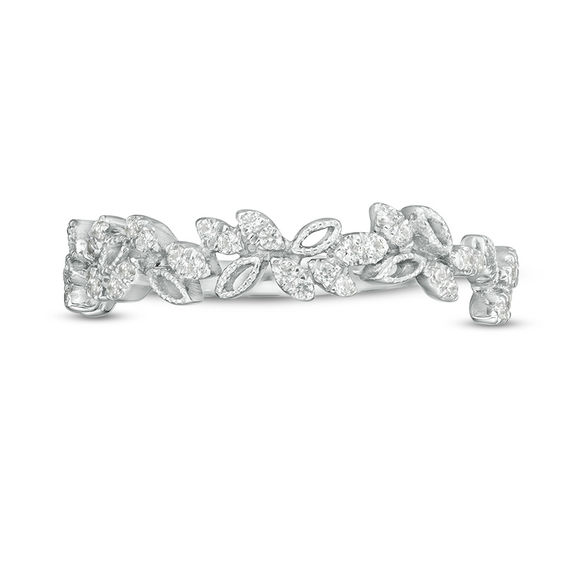 SV ストライプデザイン リング 0.15 Oval Lab-Created Ruby and 1/8 CT. T.W. Diamond Frame Leaf