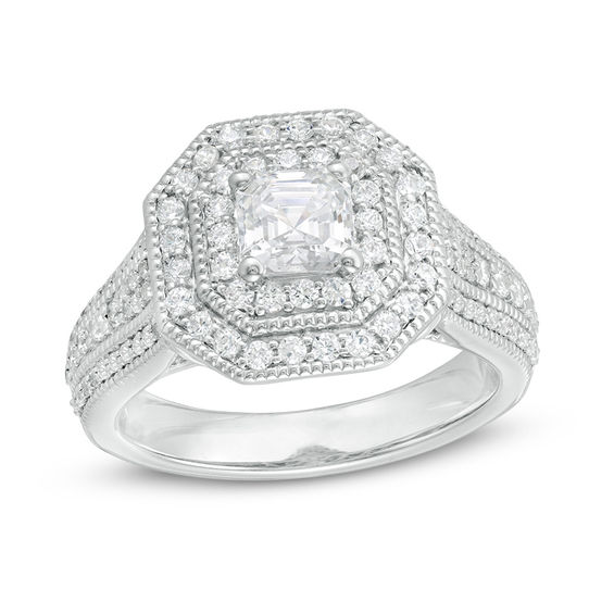 1-1/2 CT. T.w. Certified Asscher-Cut Diamond Double Octagonal Frame Engagement Ring in 14K White Gold (I/Si2)