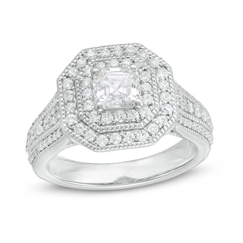 Main Image 1 of 1-1/2 CT. T.W. Certified Asscher-Cut Diamond Double Octagonal Frame Engagement Ring in 14K White Gold (I/SI2)