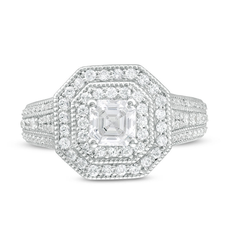 Main Image 4 of 1-1/2 CT. T.W. Certified Asscher-Cut Diamond Double Octagonal Frame Engagement Ring in 14K White Gold (I/SI2)