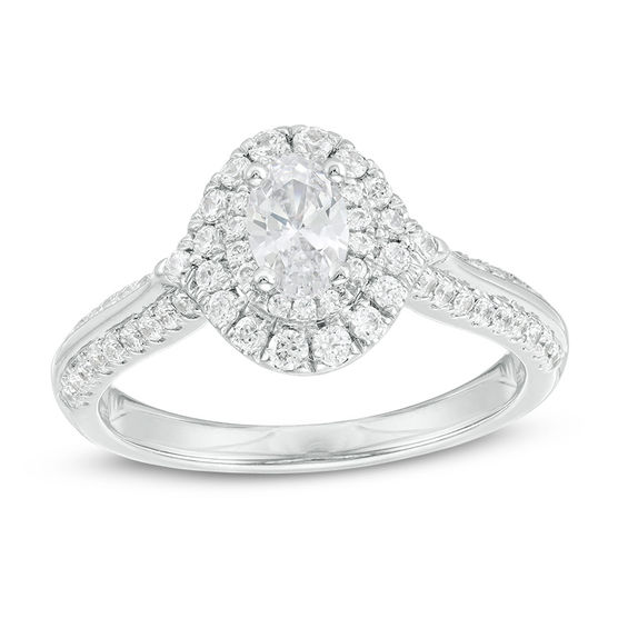 1 CT. T.W. Certified Oval Diamond Double Frame Engagement Ring in 14K White Gold (I/SI2) 1 CT. T.W. Certified Oval Diamond Double Frame Engagement Ring in 14K White Gold (I/SI2)