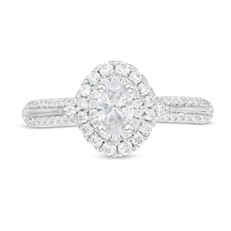 Main Image 4 of 1 CT. T.W. Certified Oval Diamond Double Frame Engagement Ring in 14K White Gold (I/SI2)