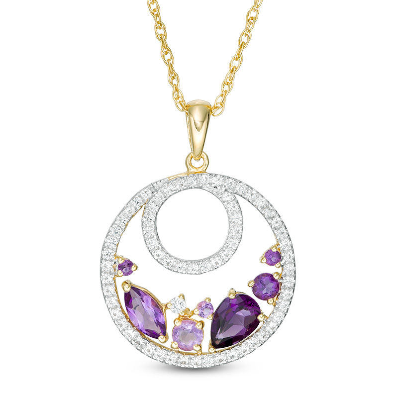 Main Image 1 of Multi-Shaped Amethyst, Rose de France and Lab-Created White Sapphire Loop Pendant in Sterling Silver and 14K Gold Plate