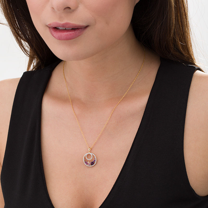 Main Image 2 of Multi-Shaped Amethyst, Rose de France and Lab-Created White Sapphire Loop Pendant in Sterling Silver and 14K Gold Plate