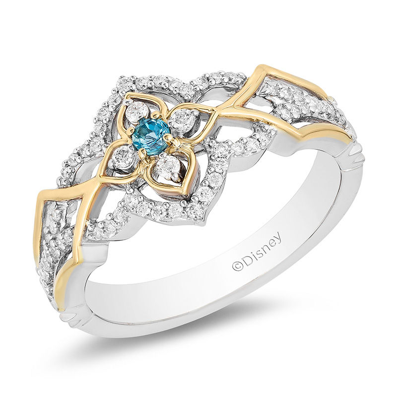 Enchanted Disney Jasmine Swiss Blue Topaz and 1/5 CT. T.W. Diamond Ring in Sterling Silver and 10K Gold