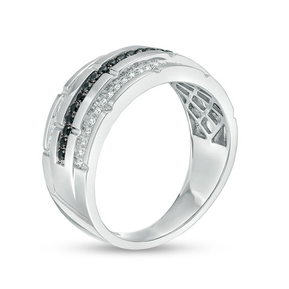 Men's 1/3 CT. T. W. Enhanced Black and White Diamond Multi-Row Brick-Pattern Ring in Sterling Silver