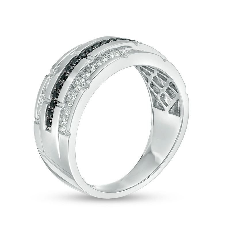 Main Image 3 of 1/3 CT. T. W. Enhanced Black and White Diamond Multi-Row Brick-Pattern Ring in Sterling Silver