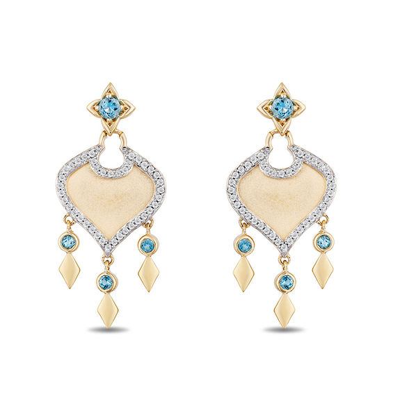 Enchanted Disney Jasmine Swiss Blue Topaz and 1/5 CT. T.w. Diamond Arabesque Drop Earrings in 10K Gold