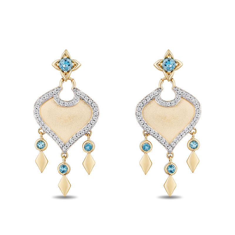 Main Image 1 of Enchanted Disney Jasmine Swiss Blue Topaz and 1/5 CT. T.W. Diamond Arabesque Drop Earrings in 10K Gold
