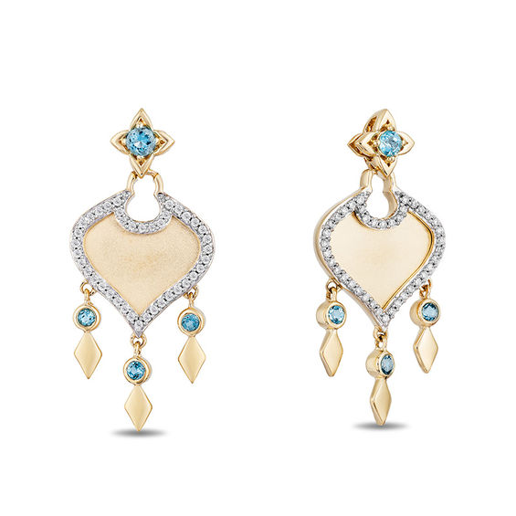 Enchanted Disney Jasmine Swiss Blue Topaz and 1/5 CT. T.w. Diamond Arabesque Drop Earrings in 10K Gold
