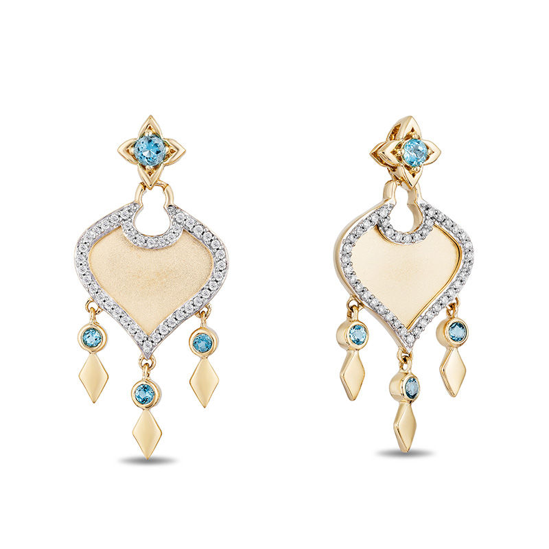 Main Image 2 of Enchanted Disney Jasmine Swiss Blue Topaz and 1/5 CT. T.W. Diamond Arabesque Drop Earrings in 10K Gold